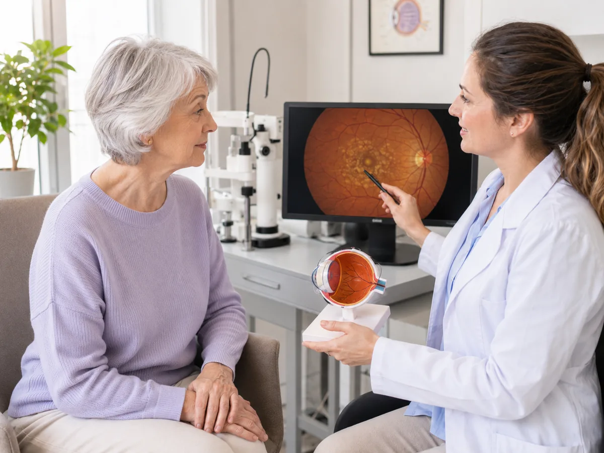 Augenärztin bespricht mit einer älteren Patientin die Aufnahme ihres Augenhintergrunds am Bildschirm und hält ein Modell des Auges in der Hand.