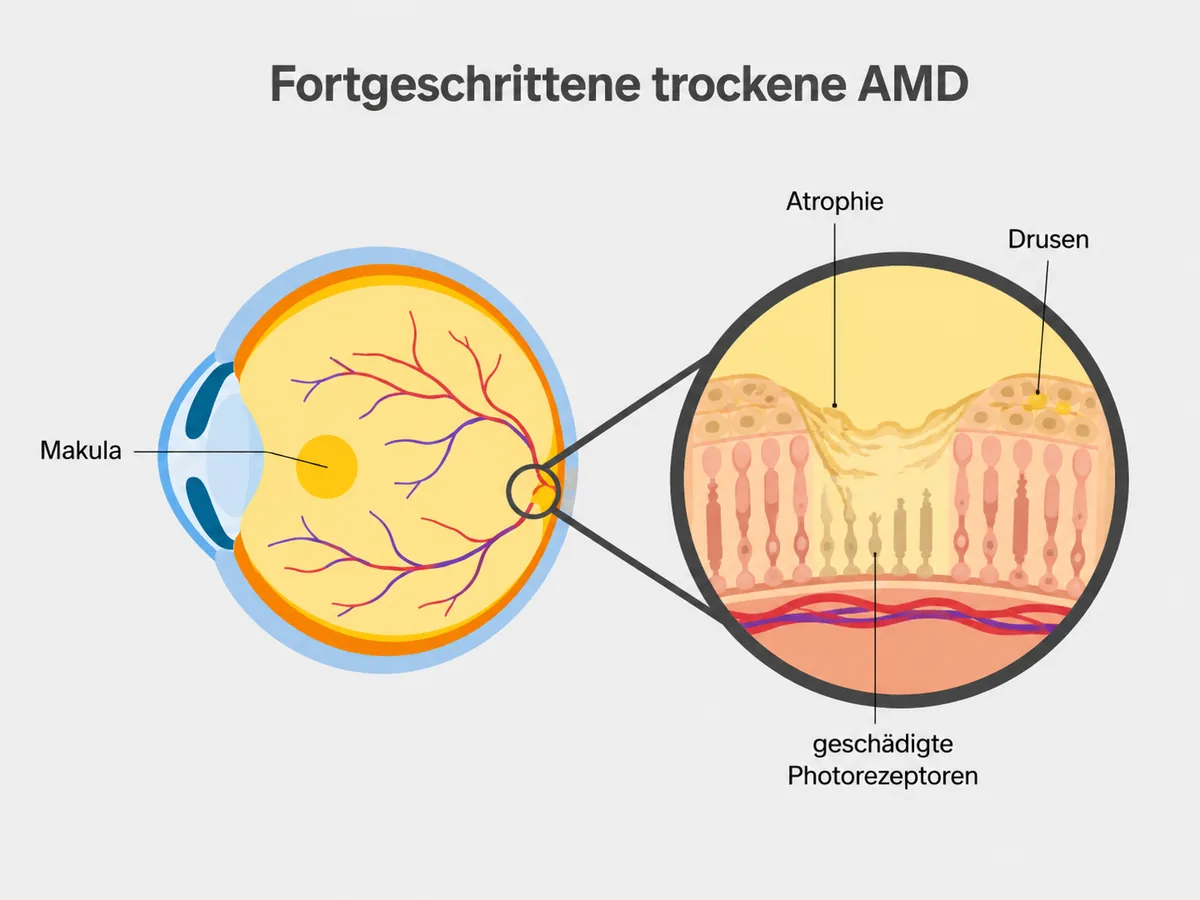 Schaubild der fortgeschrittenen trockenen AMD. Die Vergrößerung zeigt eine Atrophie der Makula mit geschädigten Photorezeptoren und Drusen.