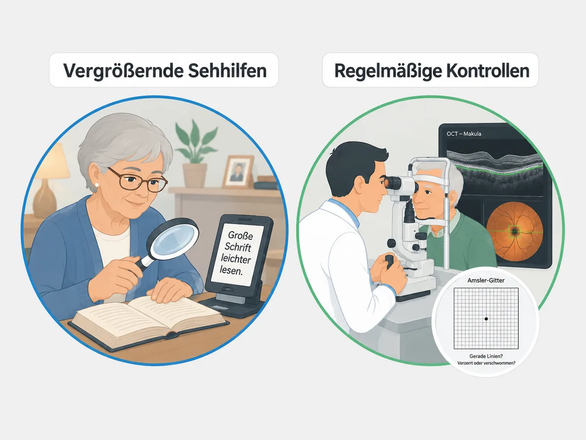 Zwei Bereiche im Alltag mit trockener AMD: vergrößernde Sehhilfen wie Lupe und elektronisches Lesegerät sowie regelmäßige augenärztliche Kontrollen mit Spaltlampe, OCT und Amsler-Gitter.